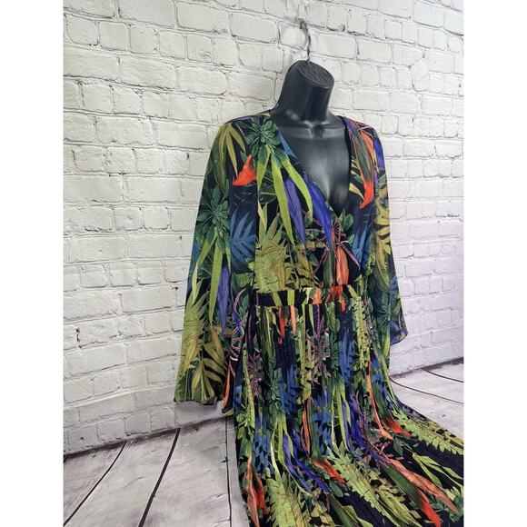 Traffic People exotic floral print bell sleeve pleated skirt dress sz M new - Picture 4 of 8